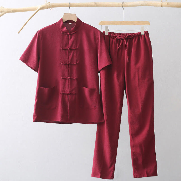 Buddha Stones Tang Frog-Bottone Camicia Manica Corta Pantaloni Gamba Larga Abito Uomo
