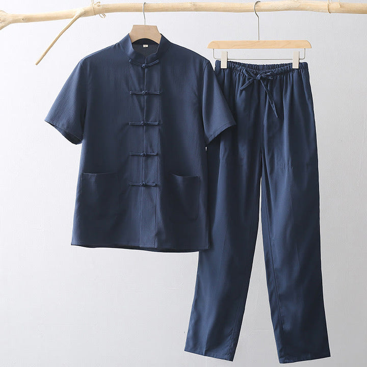 Buddha Stones Tang Frog-Bottone Camicia Manica Corta Pantaloni Gamba Larga Abito Uomo - Blu notte - US/UK/AU44, EU54 (4XL) - image 2