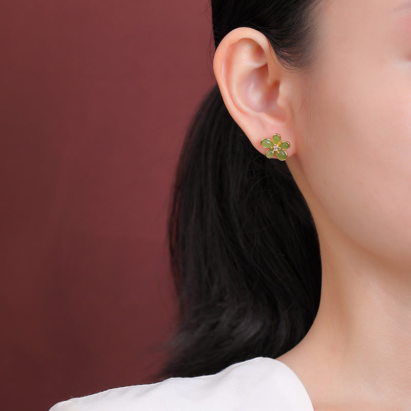 Buddha Stones 925 Sterling Silver Hetian Jade Flower Design Abbondanza Fortuna