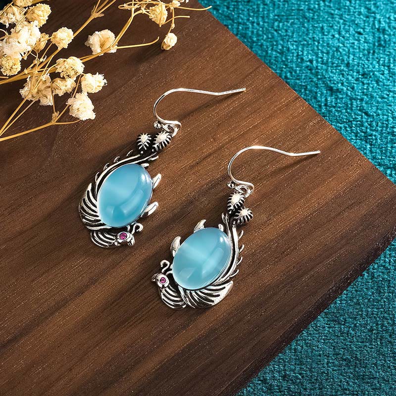 Orecchini Buddha Stones 925 Sterling Silver Post Calcedonio Blu Koi Fish Balance Vitality