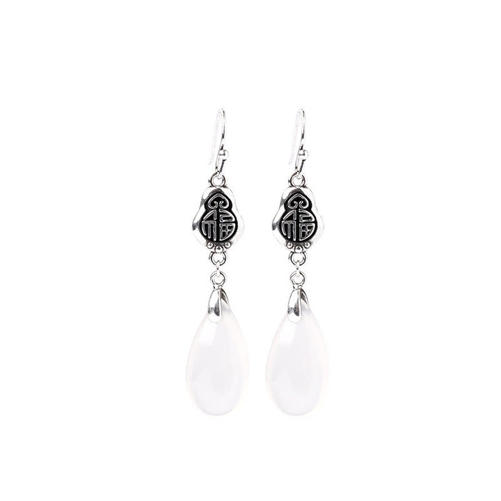 Buddha Stones 925 Argento Sterling Post Calcedonio Naturale Fu Carattere Orecchini Armonia Positiva