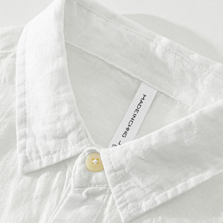 Camicia da uomo in lino con mezza manica e bottoni, tinta unita, Buddha Stones - image 3