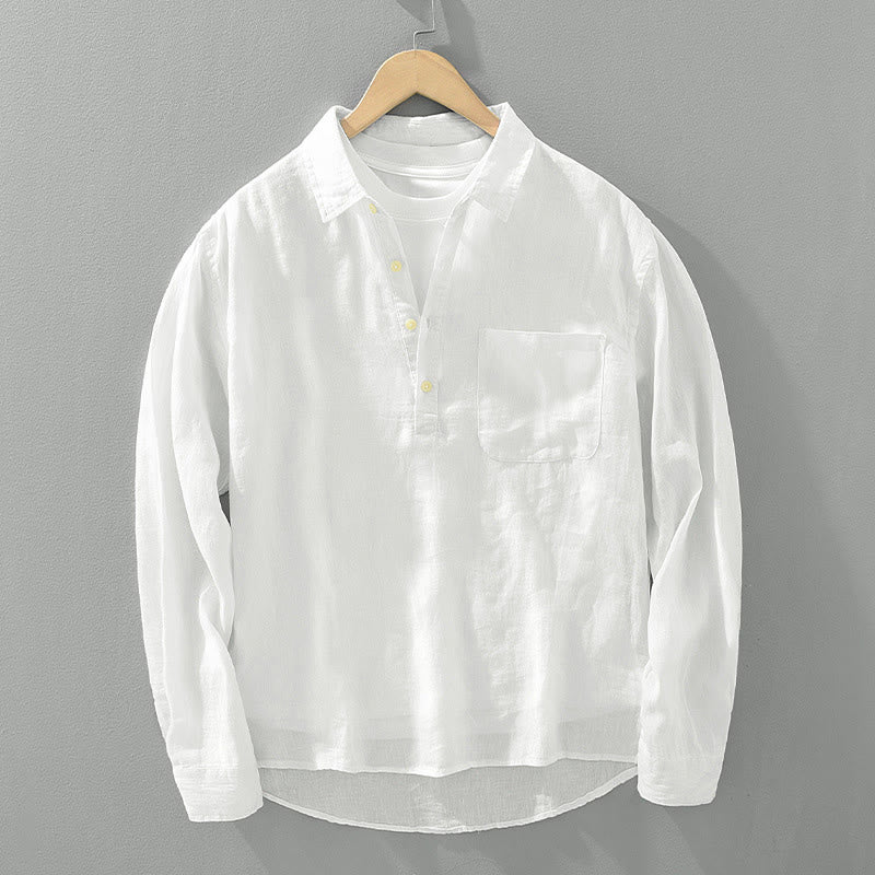 Camicia da uomo in lino con mezza manica e bottoni, tinta unita, Buddha Stones - Bianco - US/UK/AU42, EU52 (3XL) - image 0
