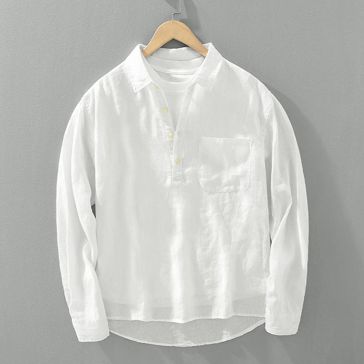 Camicia da uomo in lino con mezza manica e bottoni, tinta unita, Buddha Stones - Bianco - US/UK/AU42, EU52 (3XL) - image 0