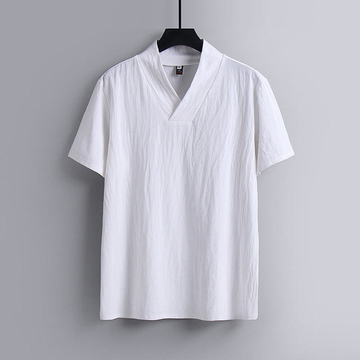 T-shirt da uomo ampia con stampa Buddha Stones, tinta unita, maniche corte, scollo a V, traspirante, in cotone e lino. - Bianco - US/UK/AU54, EU64 (9XL) - image 1
