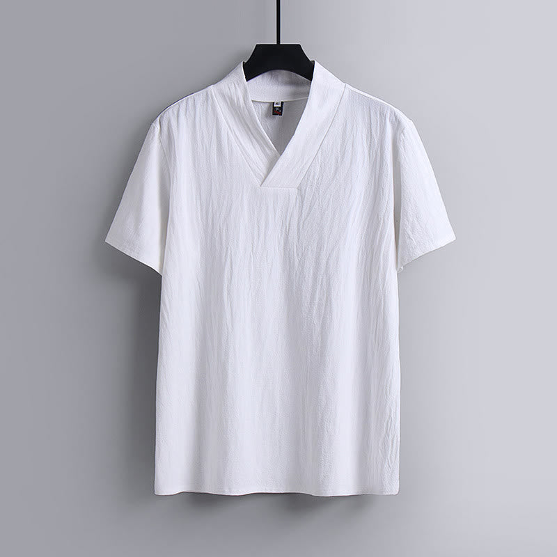T-shirt da uomo ampia con stampa Buddha Stones, tinta unita, maniche corte, scollo a V, traspirante, in cotone e lino. - Bianco - US/UK/AU54, EU64 (9XL) - image 1