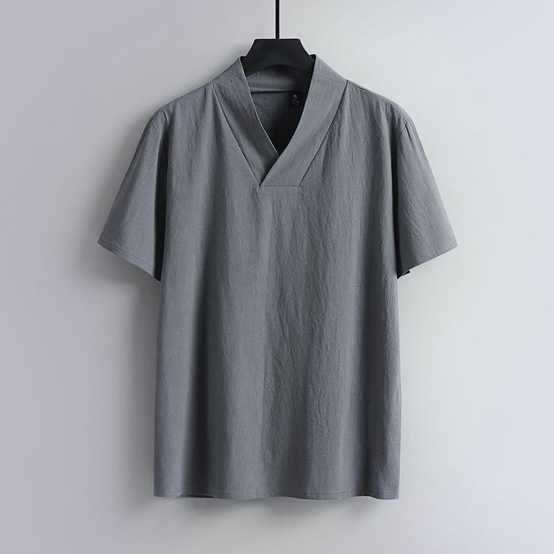 T-shirt da uomo ampia con stampa Buddha Stones, tinta unita, maniche corte, scollo a V, traspirante, in cotone e lino. - Grigio - US/UK/AU54, EU64 (9XL) - image 0