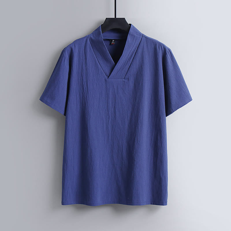 Maglietta da uomo Buddha Stones Loose, tinta unita, manica corta, collo a V, traspirante, in lino - Blu Reale - US/UK/AU54, EU64 (9XL) - image 3