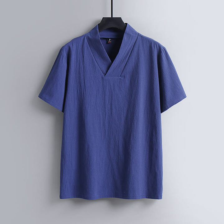 Maglietta da uomo Buddha Stones Loose, tinta unita, manica corta, collo a V, traspirante, in lino - Blu Reale - US/UK/AU54, EU64 (9XL) - image 3