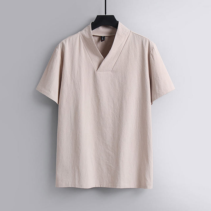 Maglietta da uomo Buddha Stones Loose, tinta unita, manica corta, collo a V, traspirante, in lino - MistyRose - US/UK/AU54, EU64 (9XL) - image 4