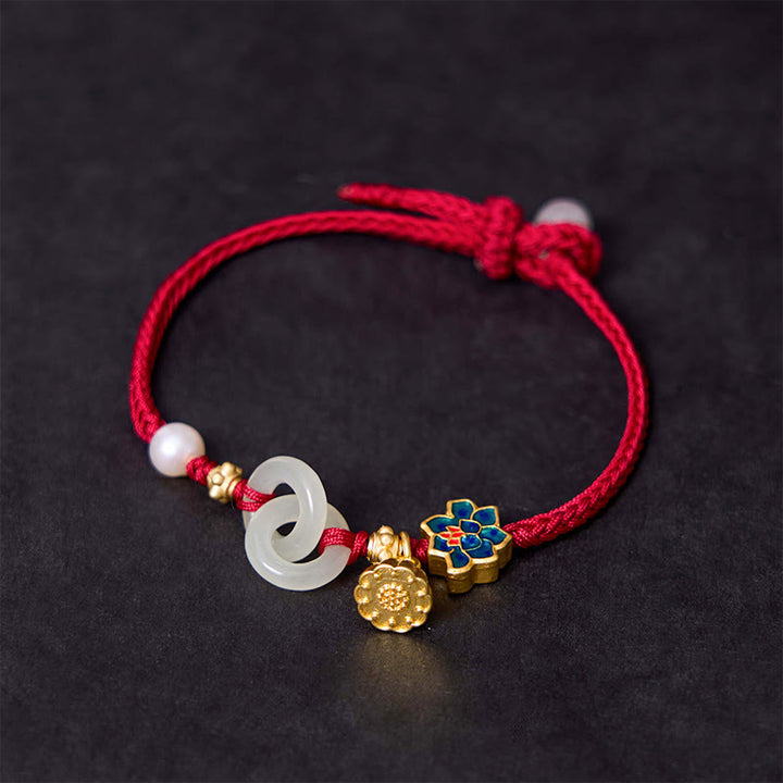 Braccialetto della fortuna con fibbia in corda intrecciata, giada Hetian , Buddha Stones, Lotus Peace