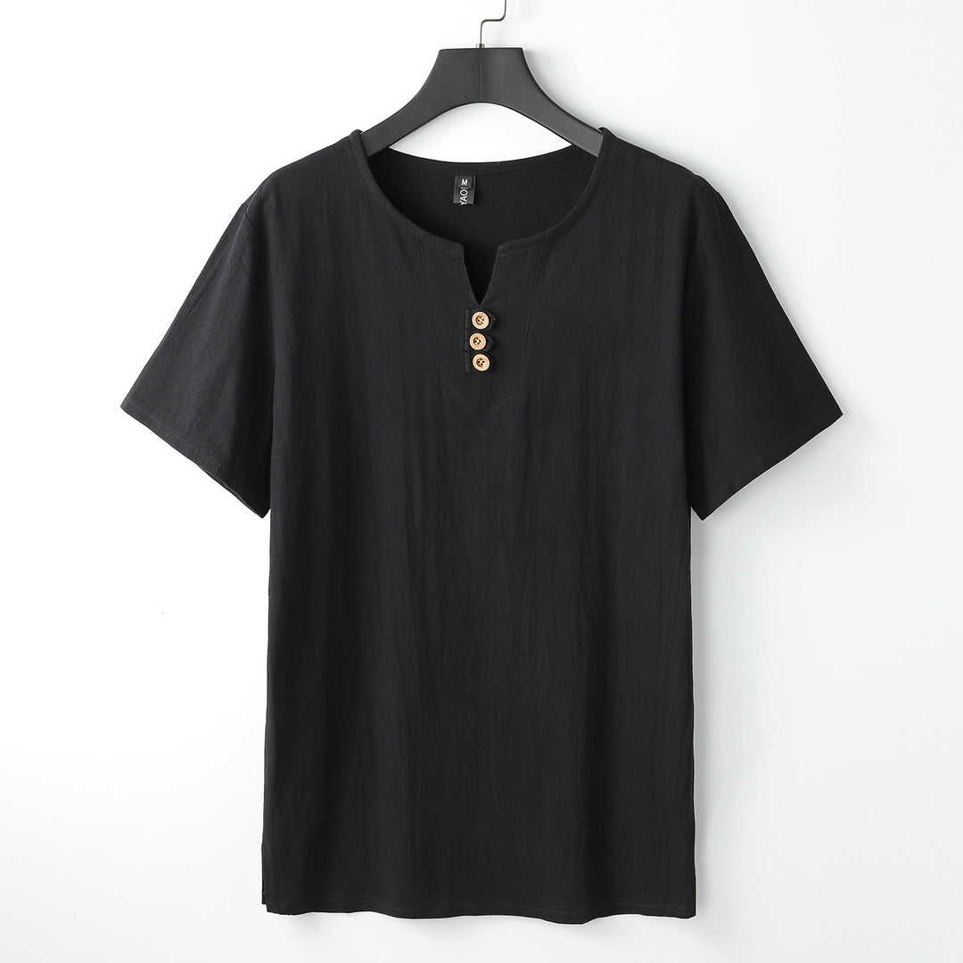 T-shirt da uomo Buddha Stones, tinta unita, maniche corte, scollo a V con tre bottoni, camicia morbida - Nero - US/UK/AU54, EU64 (9XL) - image 10