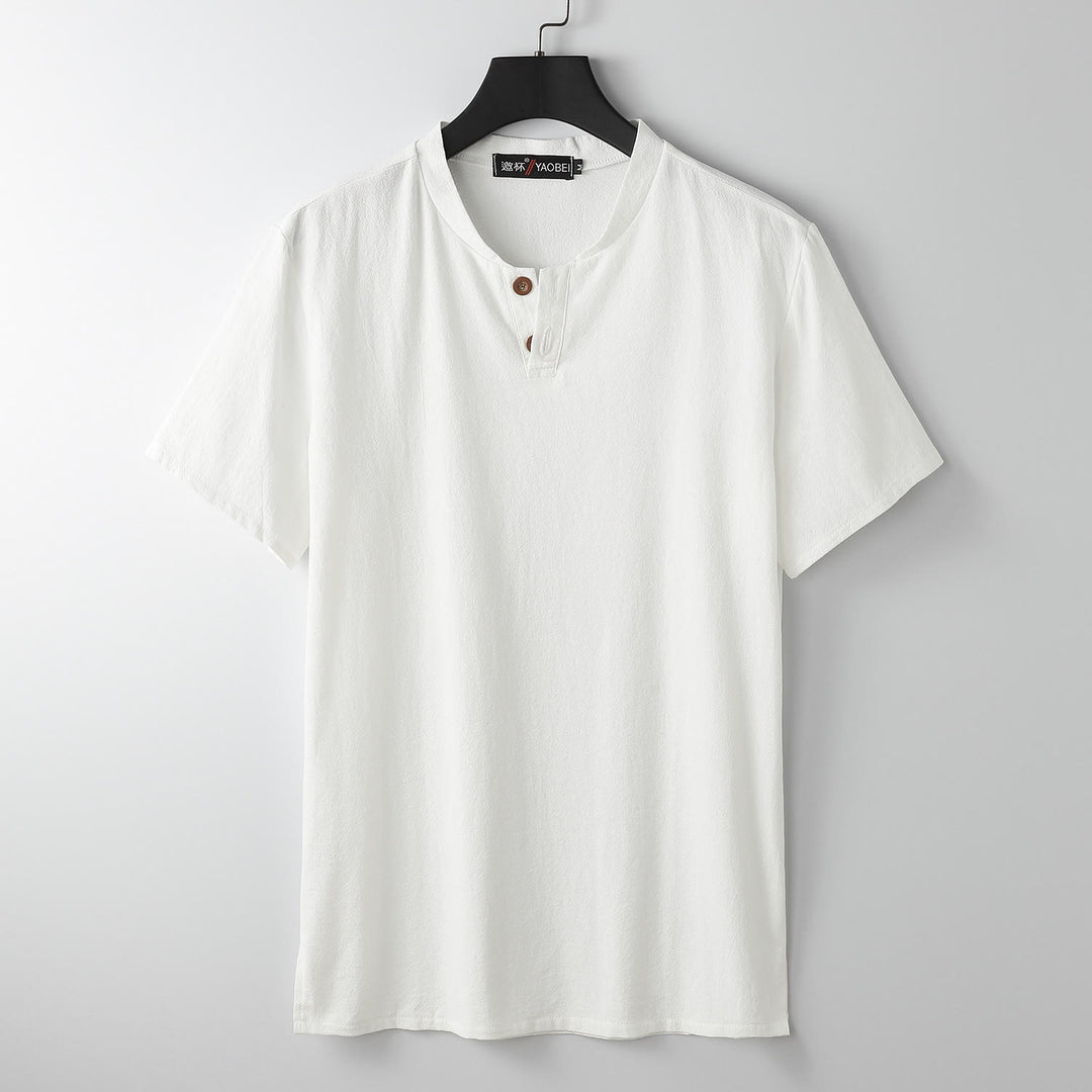 Maglietta da uomo Buddha Stones Loose Tinta unita Top manica corta Bottoni Collo a tacca Camicia in morbido cotone e lino - Bianco - US/UK/AU54, EU64 (9XL) - image 0