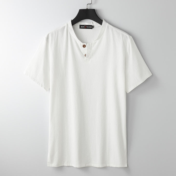 Maglietta da uomo Buddha Stones Loose Tinta unita Top manica corta Bottoni Collo a tacca Camicia in morbido cotone e lino - Bianco - US/UK/AU54, EU64 (9XL) - image 0