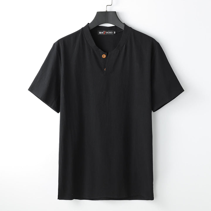 Maglietta da uomo ampia con Buddha Stones, tinta unita, manica corta, collo con bottoni, morbida camicia - Nero - US/UK/AU54, EU64 (9XL) - image 2