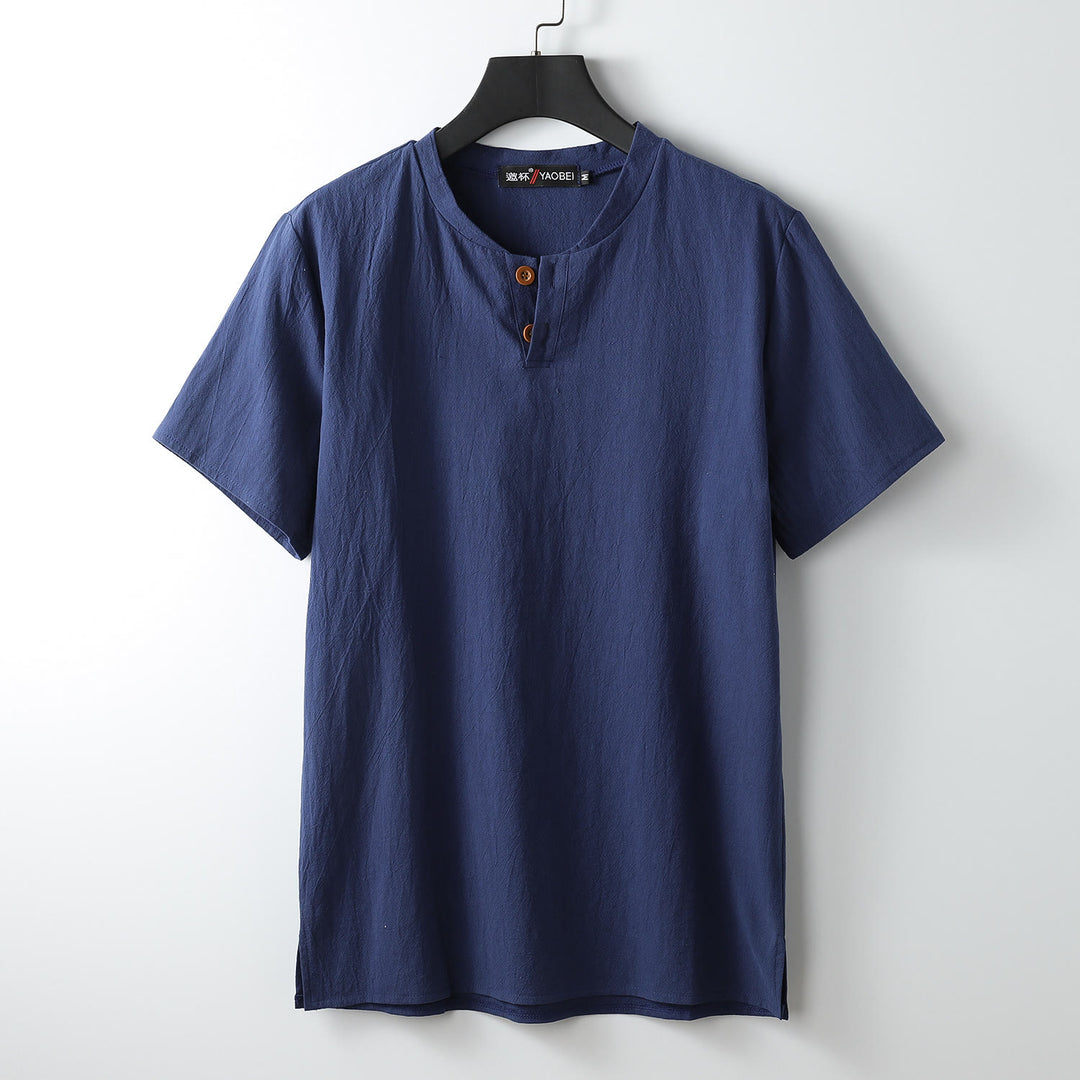 Maglietta da uomo Buddha Stones Loose Tinta unita Top manica corta Bottoni Collo a tacca Camicia in morbido cotone e lino - Blu notte - US/UK/AU54, EU64 (9XL) - image 3