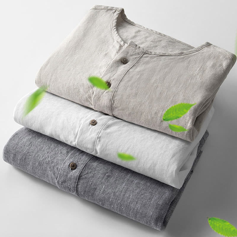 Camicia a maniche lunghe con bottoni in tinta unita Buddha Stones Lino Abbigliamento uomo - image 4