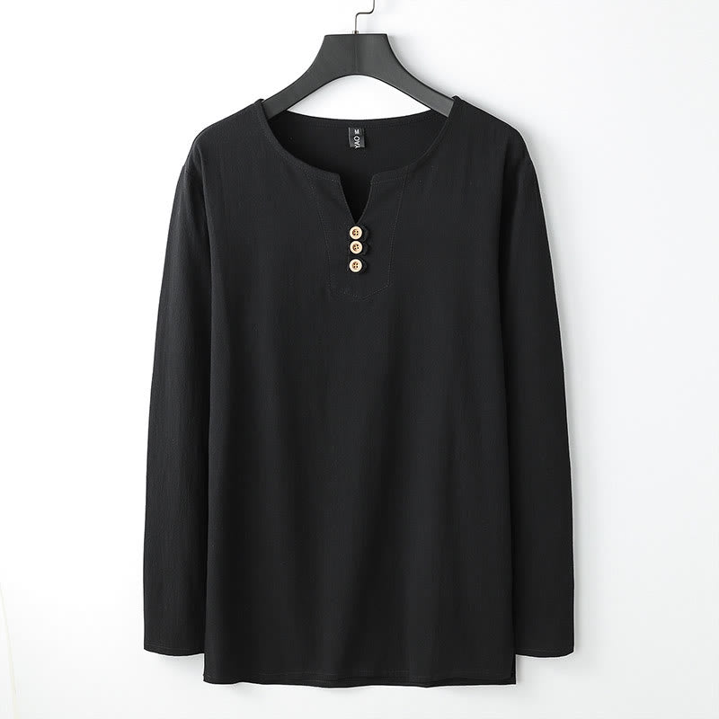 Camicia a maniche lunghe con bottoni in cotone e lino tinta unita Buddha Stones Uomo Abbigliamento