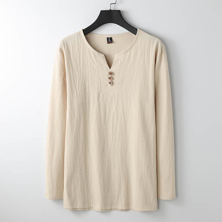 Camicia a maniche lunghe con bottoni in cotone e lino tinta unita Buddha Stones Uomo Abbigliamento