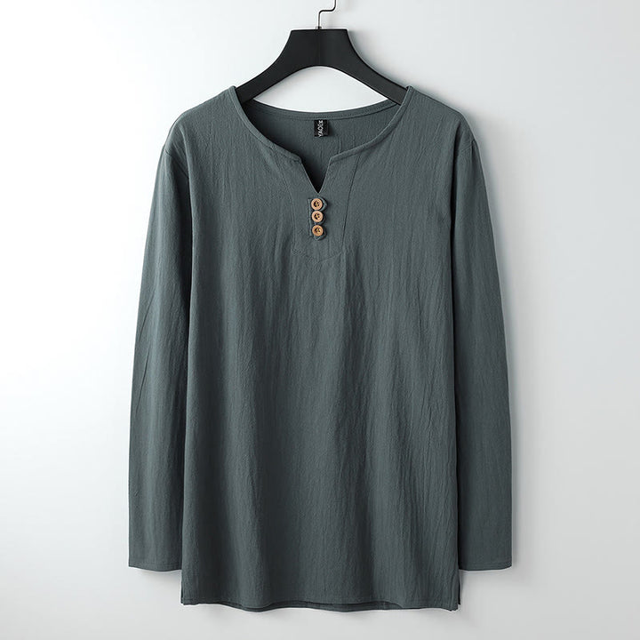 Camicia a maniche lunghe con bottoni in cotone e lino tinta unita Buddha Stones Uomo Abbigliamento