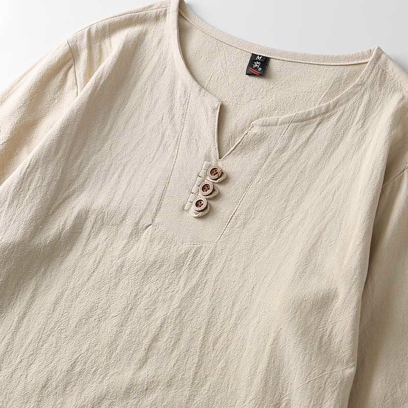 Camicia a maniche lunghe con bottoni in cotone e lino tinta unita Buddha Stones Uomo Abbigliamento