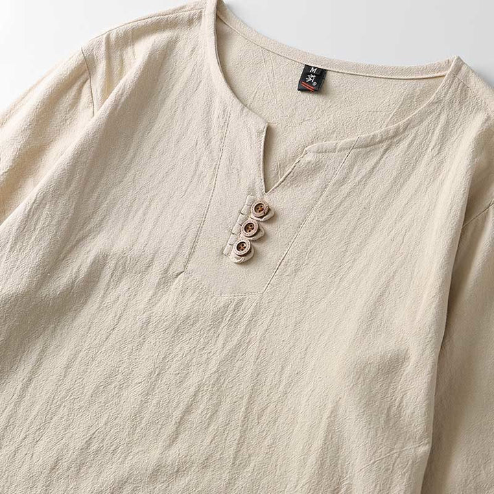 Camicia a maniche lunghe con bottoni in cotone e lino tinta unita Buddha Stones Uomo Abbigliamento