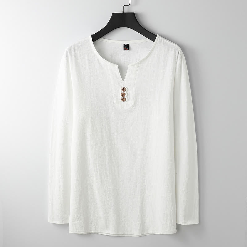 Camicia a maniche lunghe con bottoni in cotone e lino tinta unita Buddha Stones Uomo Abbigliamento