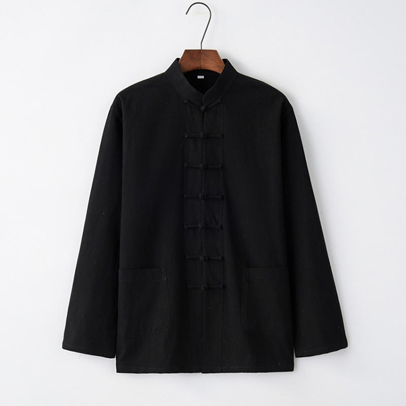 Buddha Stones Tang Frog-Bottone Camicia Manica Lunga Cotone Abbigliamento Uomo - Nero - US/UK/AU44, EU54 (4XL) - image 2