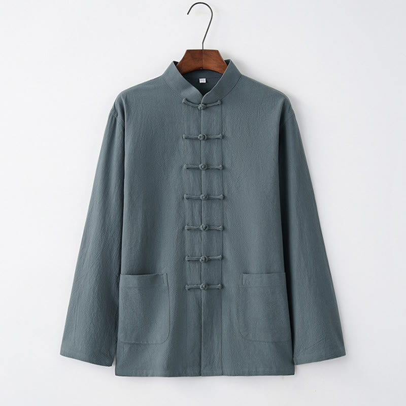 Buddha Stones Tang Frog-Bottone Camicia Manica Lunga Cotone Abbigliamento Uomo - Blu acciaio chiaro - US/UK/AU44, EU54 (4XL) - image 3