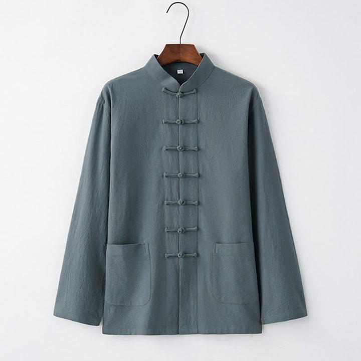 Buddha Stones Tang Frog-Bottone Camicia Manica Lunga Cotone Abbigliamento Uomo - Blu acciaio chiaro - US/UK/AU44, EU54 (4XL) - image 3