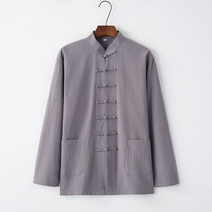Buddha Stones Tang Frog-Bottone Camicia Manica Lunga Cotone Abbigliamento Uomo - Grigio ardesia chiaro - US/UK/AU44, EU54 (4XL) - image 0
