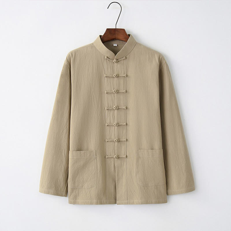 Buddha Stones Tang Frog-Bottone Camicia Manica Lunga Cotone Abbigliamento Uomo - Abbronzatura - US/UK/AU44, EU54 (4XL) - image 7