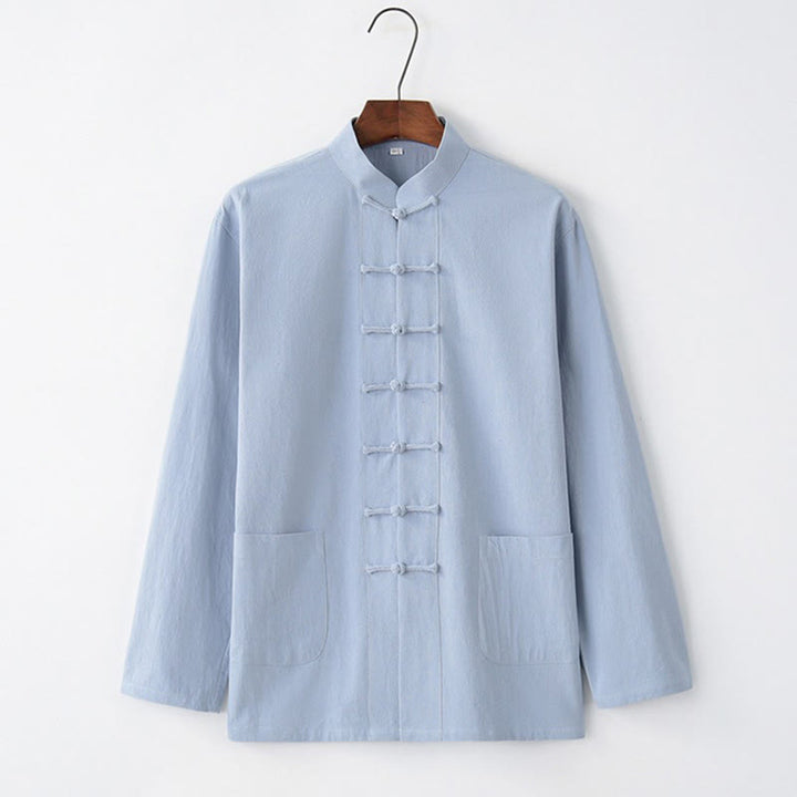 Buddha Stones Tang Frog-Bottone Camicia Manica Lunga Cotone Abbigliamento Uomo - Azzurro cielo chiaro - US/UK/AU44, EU54 (4XL) - image 6