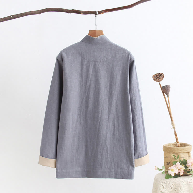 Buddha Stones Tang Frog-Bottone Camicia Manica Lunga Cotone Lino Abbigliamento Uomo