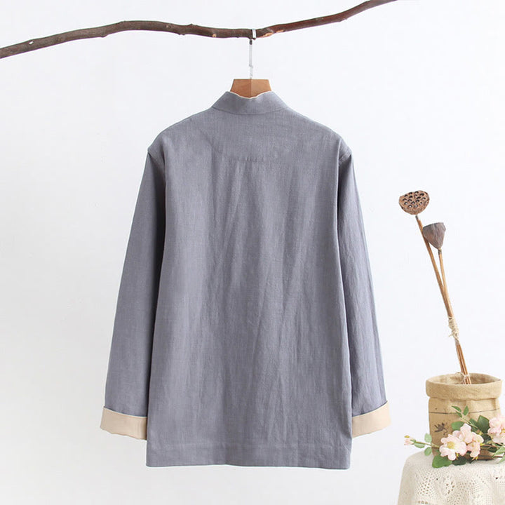 Buddha Stones Tang Frog-Bottone Camicia Manica Lunga Cotone Lino Abbigliamento Uomo