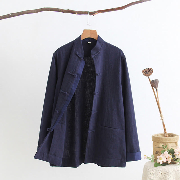 Buddha Stones Tang Frog-Bottone Camicia Manica Lunga Cotone Lino Abbigliamento Uomo - image 11