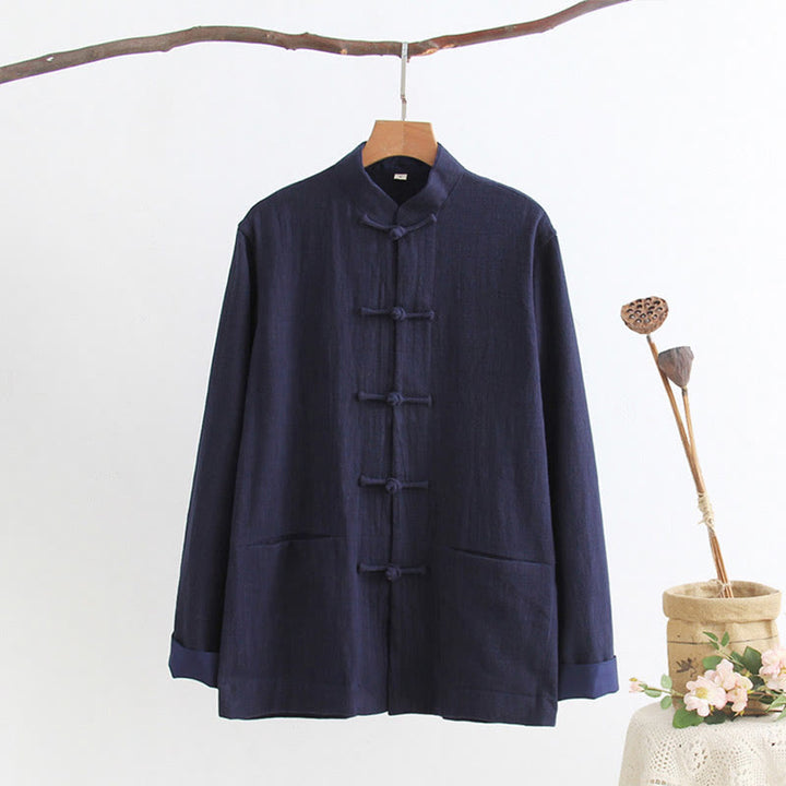 Buddha Stones Tang Frog-Bottone Camicia Manica Lunga Cotone Lino Abbigliamento Uomo