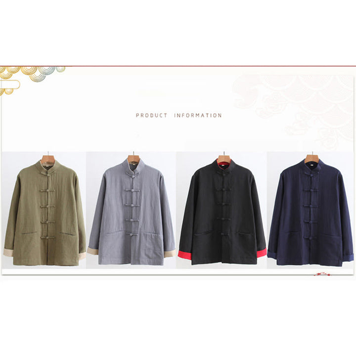 Buddha Stones Tang Frog-Bottone Camicia Manica Lunga Cotone Lino Abbigliamento Uomo