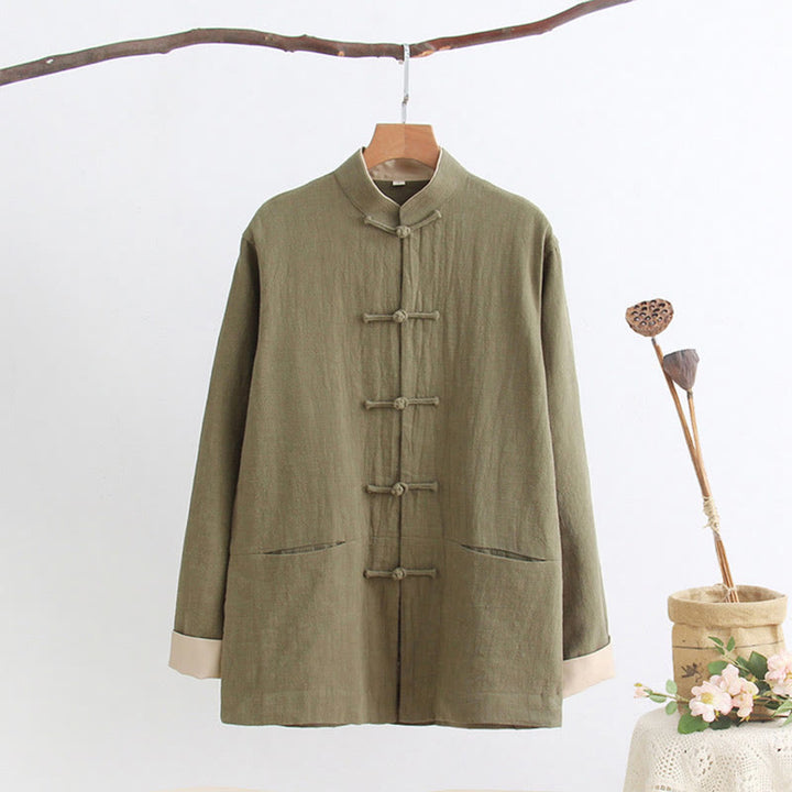 Buddha Stones Tang Frog-Bottone Camicia Manica Lunga Cotone Lino Abbigliamento Uomo