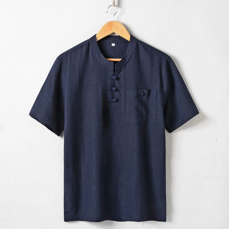 Camicia da uomo ampia Buddha Stones , tinta unita, collo a tacca, manica corta, comoda, traspirante, in cotone e lino