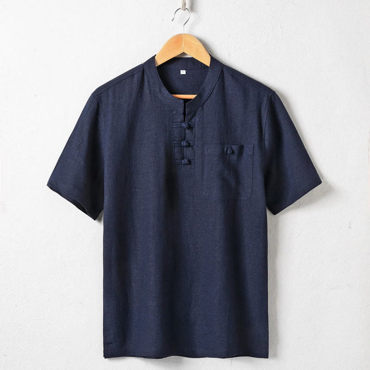 Camicia da uomo ampia Buddha Stones , tinta unita, collo a tacca, manica corta, comoda, traspirante, in cotone e lino