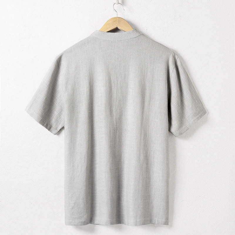 Camicia da uomo ampia Buddha Stones , tinta unita, collo a tacca, manica corta, comoda, traspirante, in cotone e lino - image 5