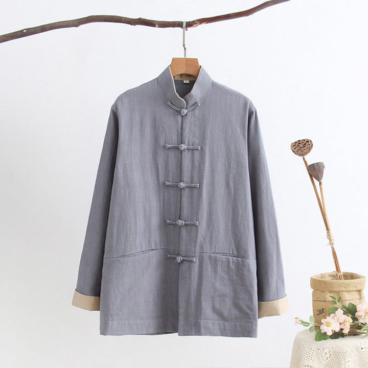 Buddha Stones Tang Frog-Bottone Camicia Manica Lunga Cotone Lino Abbigliamento Uomo