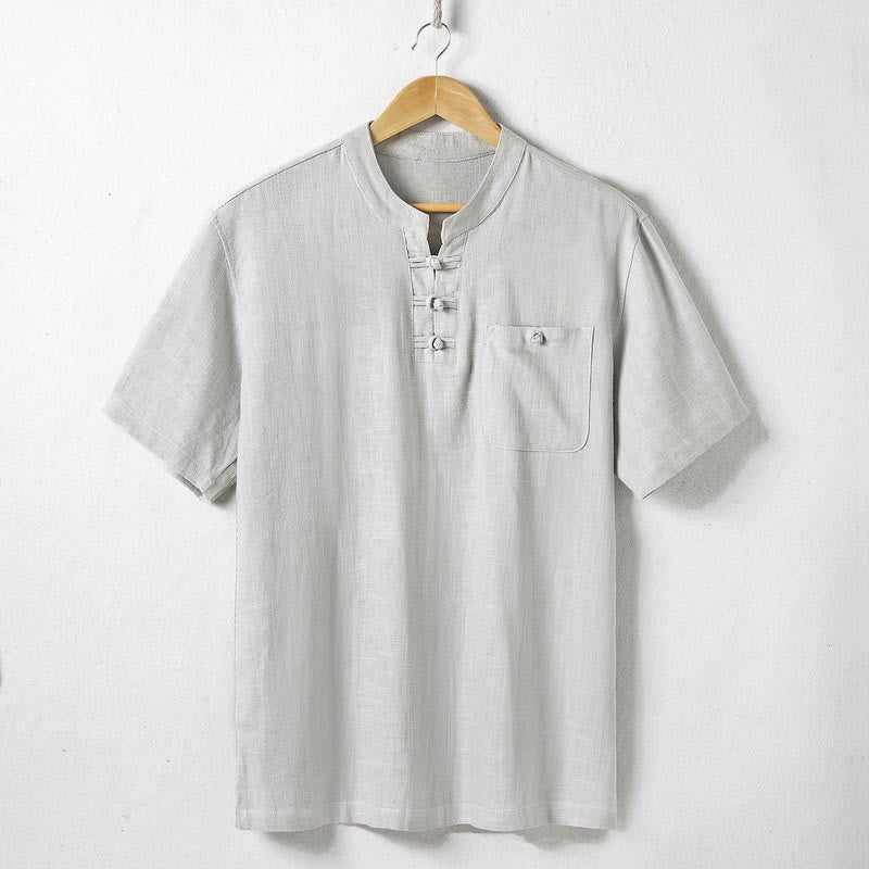 Camicia da uomo ampia Buddha Stones , tinta unita, collo a tacca, manica corta, comoda, traspirante, in cotone e lino