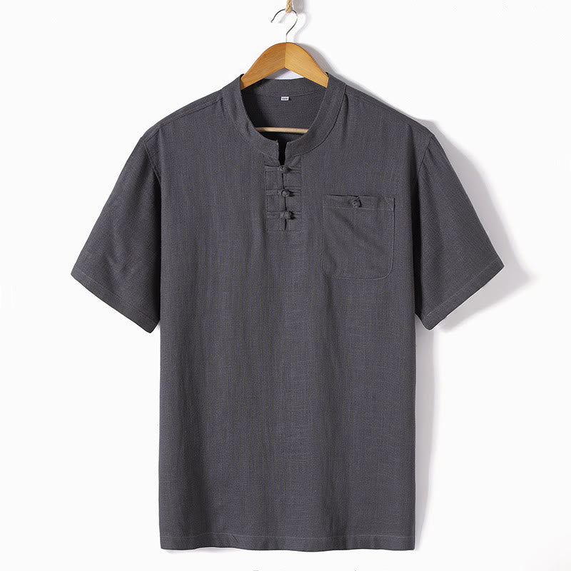 Camicia da uomo ampia Buddha Stones , tinta unita, collo a tacca, manica corta, comoda, traspirante, in cotone e lino