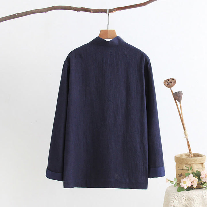Buddha Stones Tang Frog-Bottone Camicia Manica Lunga Cotone Lino Abbigliamento Uomo
