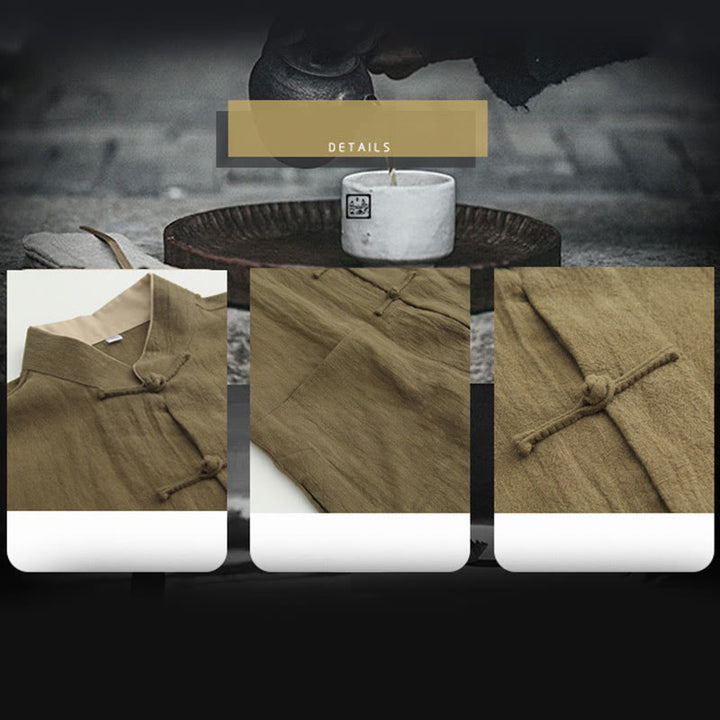 Buddha Stones Tang Frog-Bottone Camicia Manica Lunga Cotone Lino Abbigliamento Uomo - image 5