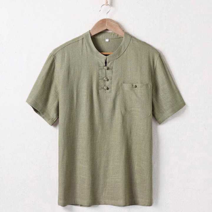 Camicia da uomo ampia Buddha Stones , tinta unita, collo a tacca, manica corta, comoda, traspirante, in cotone e lino - Oliva - US/UK/AU46, EU56 (5XL)  - image 0