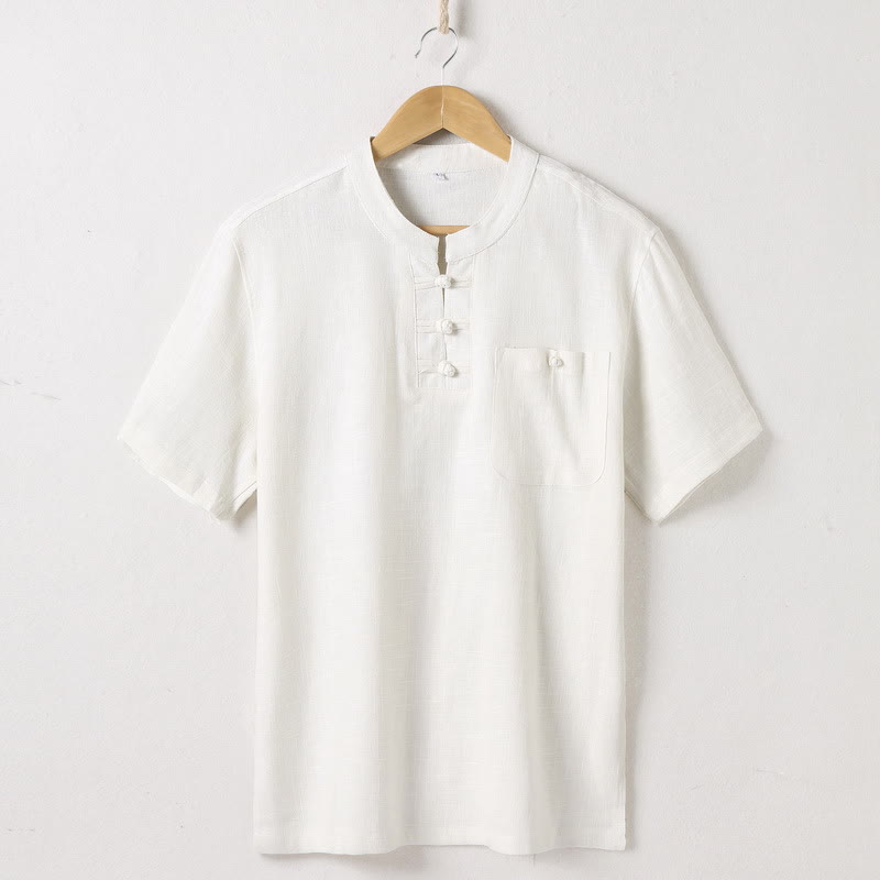 Camicia da uomo ampia Buddha Stones , tinta unita, collo a tacca, manica corta, comoda, traspirante, in cotone e lino
