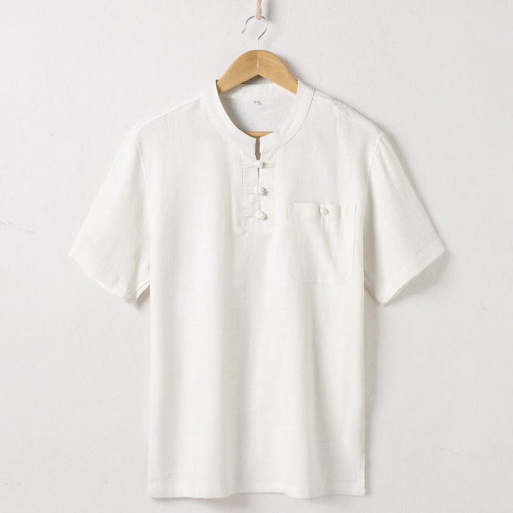 Camicia da uomo ampia Buddha Stones , tinta unita, collo a tacca, manica corta, comoda, traspirante, in cotone e lino